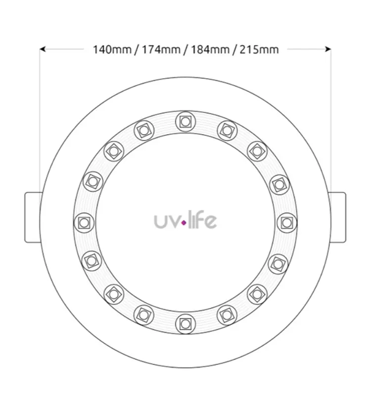 Dibujo t&eacute;cnico del foco empotrado LED UV-C con los di&aacute;metros 140, 174, 184 y 215 mm