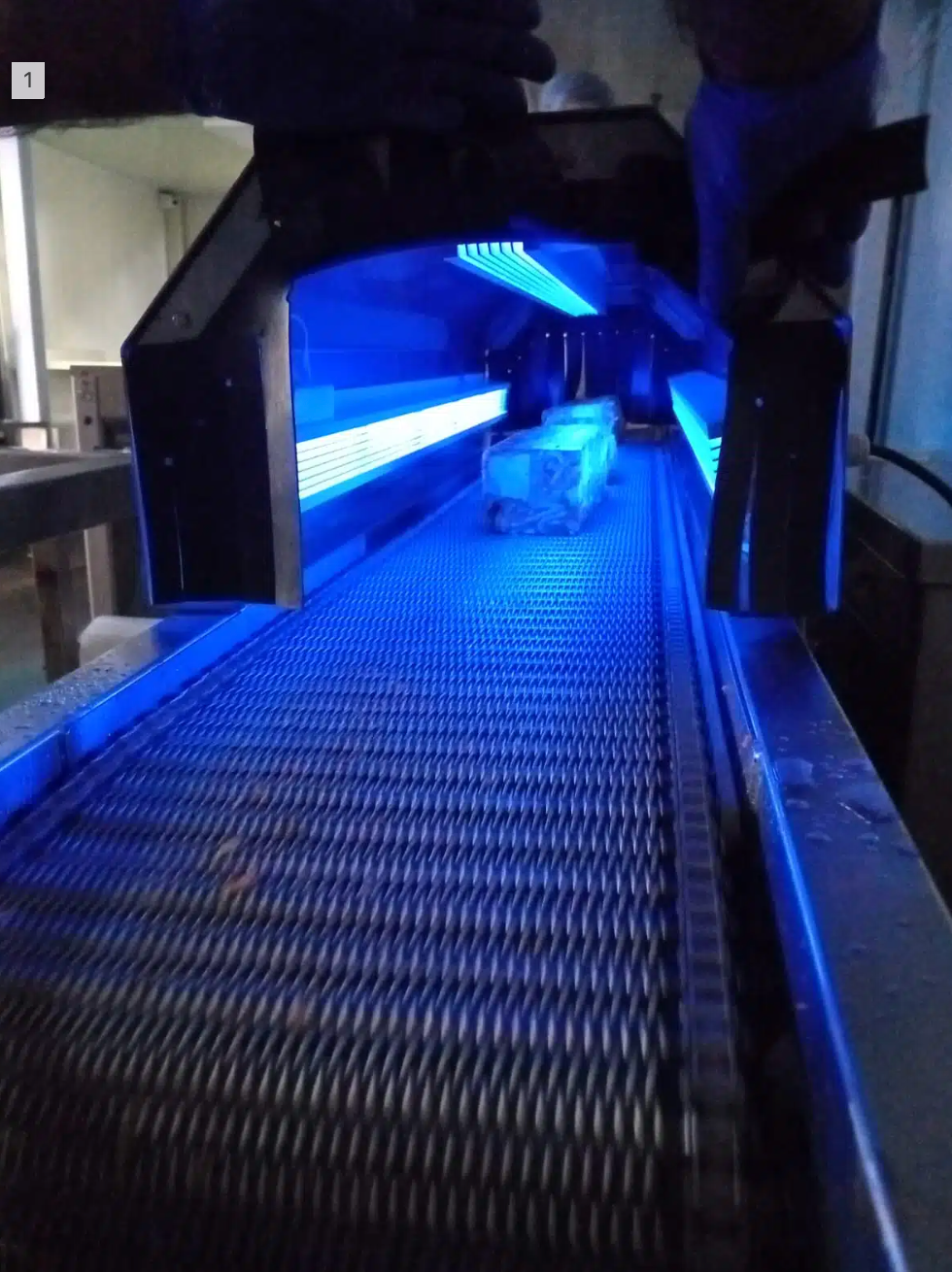 Túnel de sanitización UV-C sobre cinta transportadora de una fábrica de fiambres