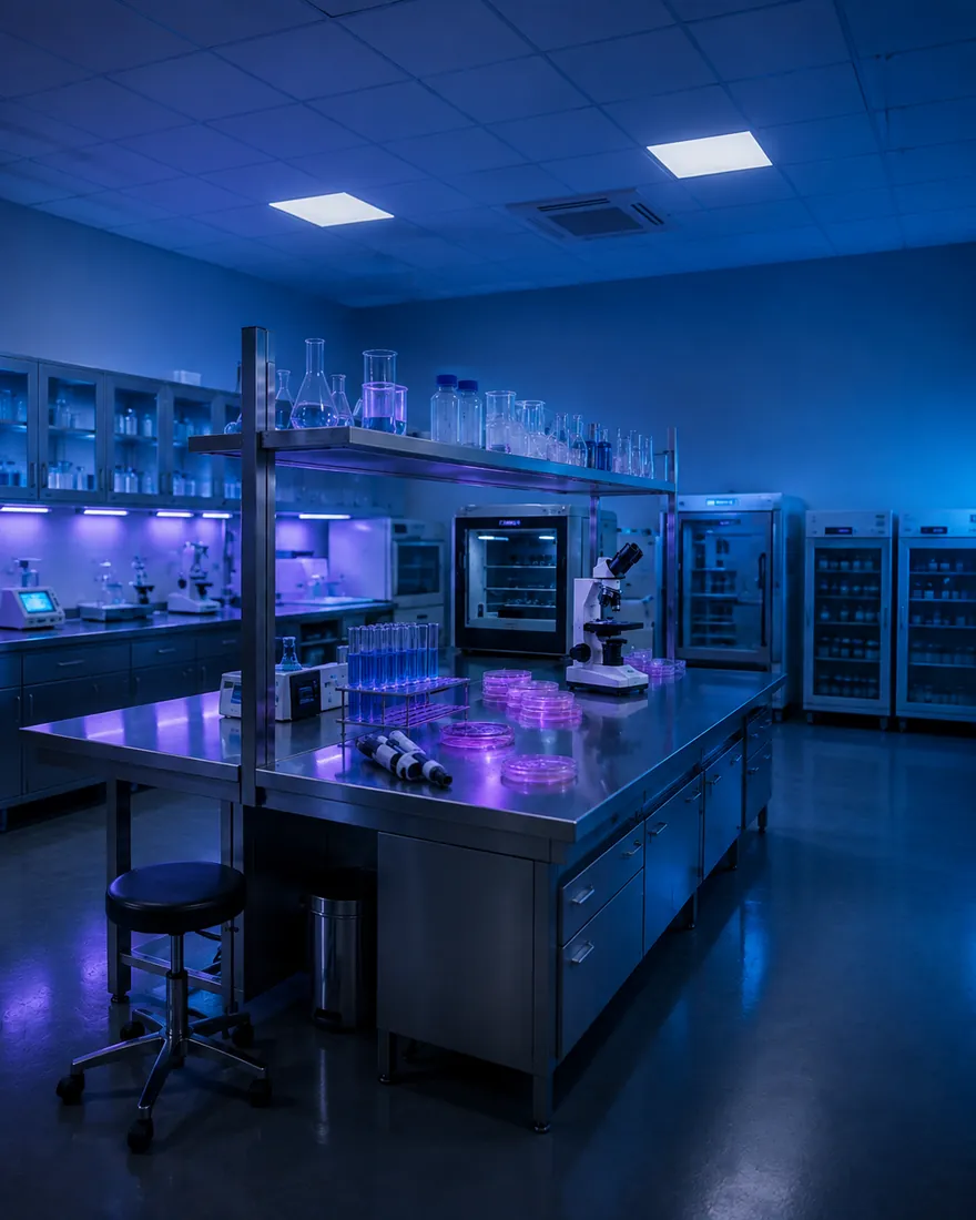 Laboratorio microbiológico iluminado por lámparas UV-C germicidas durante un ciclo de desinfección nocturno, con mesón de acero, placas de Petri, tubos de ensayo y microscopio
